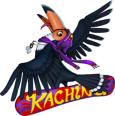 A toucan doing a stunt on a yellow snowboard
