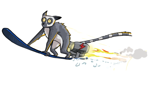 A lemur doing a stunt on a darkblue snowboard with a smile on its face