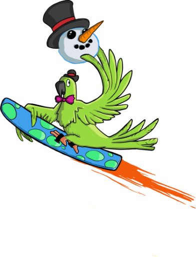 A parrot dabbing on a lightblue snowboard