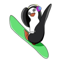 A cartoonish penguin on a snowboard listening to music on their headphones
