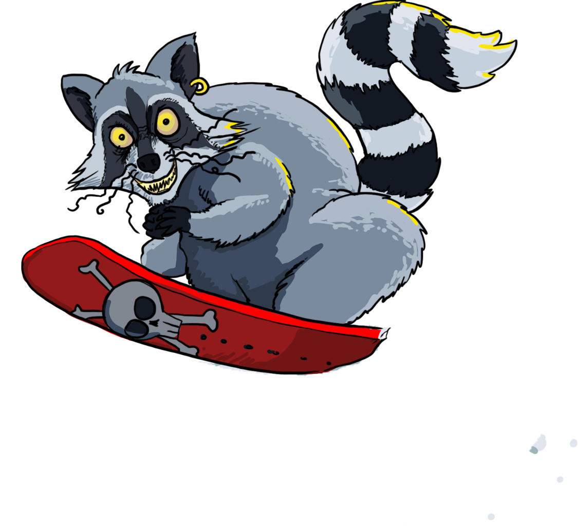 A raccoon on a red snowboard seemingly plotting something