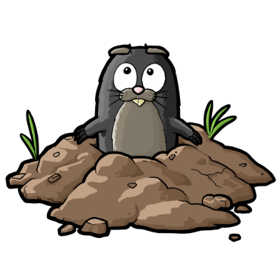 A cartoonishly drawn mole looking out of its hole