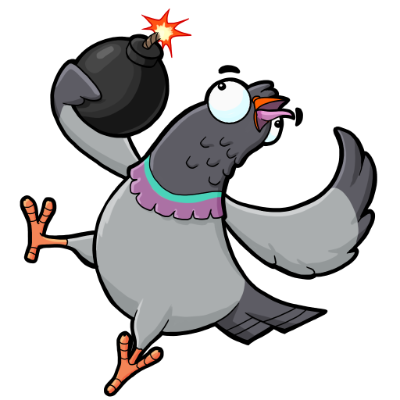 A drawing of a pigeon holding a bomb