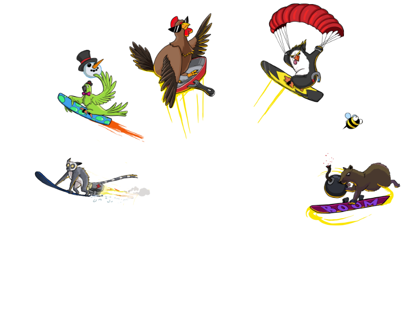A part of the Slopecrashers logo that depicts different animals on snowboards that appear in the game. From left to right: a lemur looking wild, a parrot with a bowtie and a fedora, a chicken riding on a frying pan with sunglasses on, a penguin with a parachute, a surprised looking bee and a capybara with a bomb in hand