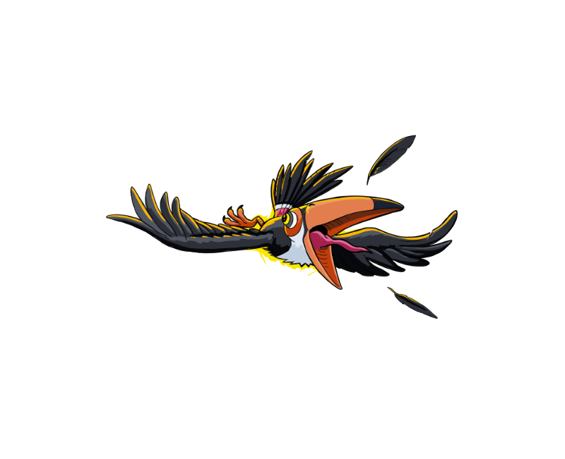 A part of the Slopecrashers logo that depicts a tucan flying in front of an explosion with its mouth open